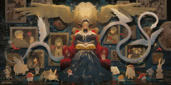 1other 3boys 3girls absurdres bare_shoulders black_collar black_dress book chilchuck_tims closed_mouth collar demon detached_collar dress dungeon_meshi expressionless falin_touden feathered_wings four-pointed_star frown fur-trimmed_dress fur_trim gold_fur golden_wings green_eyes highres holding holding_book izutsumi krusier lion looking_at_viewer mane marcille_donato marcille_donato_(lord) multiple_boys multiple_girls open_book pale_skin quetzalcoatl_(mythology) raised_inner_eyebrows senshi_(dungeon_meshi) sitting sitting_on_throne slit_pupils winged_lion_(dungeon_meshi) wings