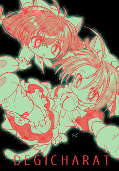 2girls :o absurdres ahoge animal_hat antenna_hair apron bell black_background cat_girl cat_hat cat_tail copyright_name dejiko di_gi_charat dress footwear_ribbon hair_bell hair_ornament hair_ribbon halftone hat highres jingle_bell limited_palette long_hair low_twintails medium_hair menma_(enaic31) mittens multiple_girls neck_bell neckerchief open_mouth parted_bangs paw_print_soles paw_shoes puchiko puffy_short_sleeves puffy_sleeves ribbon sailor_collar sailor_shirt shirt short_sleeves signature tail twintails