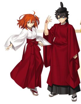 Rule 34 | 1boy, 1girl, ahoge, black hair, black hat, blue eyes, bow, breasts, clenched hand, closed mouth, command spell, fate/grand order, fate (series), flip-flops, fujimaru ritsuka (female), fujimaru ritsuka (female) (new year's attire), fujimaru ritsuka (male), fujimaru ritsuka (male) (new year's attire), full body, hair between eyes, hair ornament, hakama, hakama skirt, hand up, hat, japanese clothes, kimono, long skirt, long sleeves, looking at viewer, medium breasts, non-web source, official alternate costume, official art, orange hair, red bow, red hakama, red skirt, sandals, short hair, side ponytail, simple background, skirt, smile, socks, sokutai, standing, tate eboshi, transparent background, white kimono, white socks, wide sleeves, yellow eyes