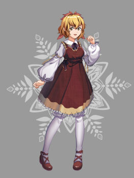 1girl alternate_costume anklet black_neckerchief blonde_hair bow bowtie closed_mouth collared_shirt commentary cowboy_shot dress floral_background frilled_shirt_collar frills furahata_gen grey_background highres jewelry lolita_fashion long_sleeves looking_at_viewer multicolored_hair neckerchief pantyhose puffy_sleeves red_dress red_ribbon red_shoes ribbon shirt shoes short_hair sleeveless sleeveless_dress smile snowing solo standing toramaru_shou touhou tree two-tone_hair weapon white_pantyhose white_shirt yellow_eyes