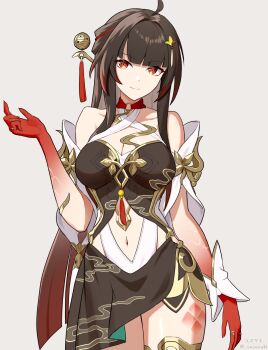 Rule 34 | 1girl, ahoge, bare shoulders, breasts, brown hair, cleavage, closed mouth, clothing cutout, colored extremities, colored tips, commentary request, cowboy shot, criss-cross halter, detached sleeves, diamond-shaped pupils, diamond (shape), gold thighlet, grey background, hair ornament, halterneck, highres, honkai: star rail, honkai (series), jewelry, large breasts, lingsha (honkai: star rail), long hair, looking at viewer, multicolored hair, navel, orange eyes, red hands, scales, simple background, smile, solo, stomach cutout, suzu saki, symbol-shaped pupils, tassel, tassel hair ornament, thighlet, twitter username, very long hair