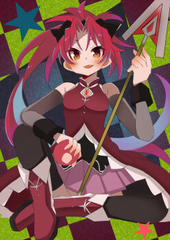 Rule 34 | 1girl, apple, bare shoulders, black thighhighs, boots, commentary, detached sleeves, dress, food, fruit, full body, high-low dress, holding, holding food, holding fruit, holding polearm, holding weapon, long hair, looking at viewer, magical girl, mahou shoujo madoka magica, mahou shoujo madoka magica (anime), pink skirt, pleated skirt, polearm, red boots, red dress, red eyes, red hair, sakura kyoko, sakura kyoko (magical girl), sitting, skirt, sleeveless, sleeveless dress, solo, soul gem, thighhighs, urei-hibino, weapon