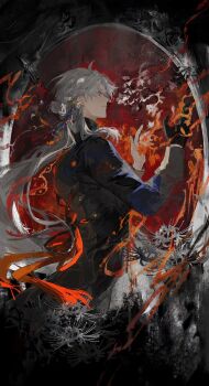 1boy arched_back black_coat black_gloves blade_(honkai:_star_rail) burning coat dichlorvos fire floating_hair flower gloves hair_between_eyes hair_bun hair_ornament hairpin hands_up hashtag-only_commentary highres honkai:_star_rail honkai_(series) long_hair looking_at_hands male_focus monochrome_background open_hands portal_(object) red_flower serious solo spider_lily standing very_long_hair white_hair yingxing_(honkai:_star_rail)