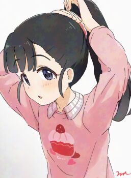 1girl aayh arms_behind_head arms_up black_hair blush collared_shirt commentary_request fukuyama_mai gradient_background grey_background grey_eyes idolmaster idolmaster_cinderella_girls long_hair parted_lips pink_sweater ponytail shirt signature solo sweater tying_hair upper_body white_background