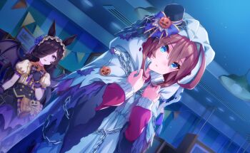 2girls adjusting_clothes ahoge artist_request bat_(animal) bedroom black_bow black_bowtie black_corset black_gloves black_hat black_skirt blue_eyes blue_flower blue_rose bow bow_skirt bowtie brooch brown_hair buttons ceiling_light center_frills chain clenched_hand cloak collared_jacket collared_shirt colored_skin corset cowboy_shot dot_nose dress dutch_angle ear_covers expressionless eyelashes flower frilled_hairband frilled_sleeves frills game_cg garland_(decoration) gem gloves hair_between_eyes hair_flower hair_ornament hair_over_one_eye hair_ribbon hairband halloween_costume hand_on_own_chest hat hat_bow high_collar highres hood hood_up hooded_cloak horse_girl huge_ahoge indoors jack-o&#039;-lantern_hat_ornament jacket jewelry lace lace-trimmed_gloves lace_trim layered_sleeves light-skinned_palms lolita_hairband long_hair long_skirt long_sleeves looking_at_another looking_at_viewer mihono_bourbon_(the_ghost_finds_halloween_magic)_(umamusume) mihono_bourbon_(umamusume) mini_hat mini_top_hat multicolored_skin multiple_girls night official_alternate_costume official_art open_mouth orange_bow orange_gemstone parted_lips picture_frame puffy_short_sleeves puffy_sleeves purple_bow purple_eyes purple_hairband purple_ribbon purple_skirt red_jacket ribbon rice_shower_(umamusume) rice_shower_(vampire_makeover!)_(umamusume) rose shelf shirt short_sleeves silk single_stripe skirt sleeves_past_wrists spider_web spider_web_hat_ornament standing star_butterfly striped_bow striped_bowtie striped_clothes top_hat torn_cloak torn_clothes torn_sleeves track_jacket tsurime two-tone_bow two-tone_skin umamusume vent_(object) very_long_hair white_cloak white_dress white_shirt window yellow_shirt