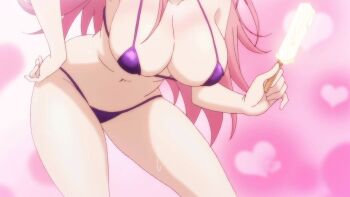 10s 1girl animated animated_gif arahabaki_nonko bikini bouncing bouncing_breasts breasts head_out_of_frame huge_breasts long_hair micro_bikini pink_hair purple_bikini swimsuit yuragisou_no_yuuna-san