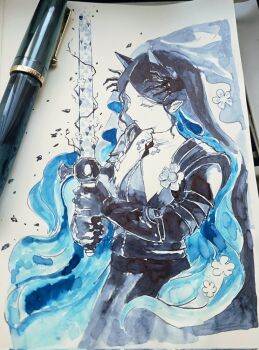 Rule 34 | 1girl, arknights, arknights: endfield, arm armor, closed eyes, colored inner hair, demon girl, demon horns, highres, holding, holding sword, holding weapon, horns, long hair, mole, mole under eye, multicolored hair, pinlin, pointy ears, solo, sword, traditional media, weapon