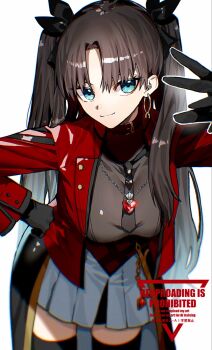 1girl black_gloves black_hair black_necktie black_thighhighs blue_eyes breasts commentary_request earrings fate/stay_night fate_(series) gem gloves highres honkai:_star_rail honkai_(series) hoop_earrings jacket jewelry kabosoi_mangaka long_hair looking_at_viewer medium_breasts necktie pendant red_gem red_jacket rin's_pendant_(fate) shirt skirt smile solo thighhighs tohsaka_rin tohsaka_rin_(honkai:_star_rail) white_skirt