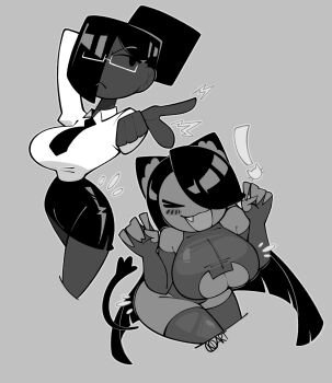 ! >_< 2girls :< :d animal_ears black_eyes black_hair borrowed_character breasts cat_cutout cat_ears cat_girl cat_tail cleavage cleavage_cutout closed_eyes clothing_cutout collared_shirt commentary cowboy_shot cream_(movail2) curvy dark-skinned_female dark_skin elbow_gloves english_commentary fang fingerless_gloves flinch frown glasses gloves grey_background greyscale hair_over_one_eye highres kelvindoesart kemonomimi_mode large_breasts leotard long_hair long_sleeves looking_at_viewer monochrome multiple_girls narrow_waist necktie office_lady office_lady_(atasticforreal) open_mouth original paw_pose pencil_skirt pointing pointing_at_viewer rectangular_eyewear semi-rimless_eyewear shirt skirt smile tail thick_thighs thighhighs thighs twitter_username under-rim_eyewear very_long_hair wide_hips xd zettai_ryouiki