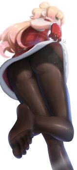 1girl absurdres ass black_pantyhose blonde_hair commentary dress english_commentary from_below fur-trimmed_dress fur-trimmed_gloves fur_trim gloves gradient_hair green_eyes hair_bun highres hololive long_hair luke_s_(artist) momosuzu_nene multicolored_hair no_shoes pantyhose pink_hair red_dress red_gloves santa_costume santa_dress short_dress short_sleeves side_up_bun simple_background soles solo toes two_side_up upskirt virtual_youtuber white_background