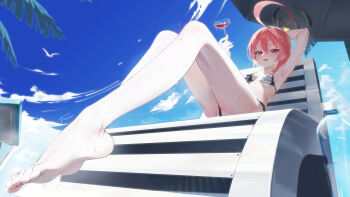 1girl absurdres ahoge alternate_costume arm_behind_head arm_up armpits bare_legs bare_shoulders beach_umbrella bikini bird black_bikini blue_archive blue_sky blush bottle braid breasts chair cloud commentary cup day drinking_glass english_commentary feet foot_focus hair_between_eyes halo highres holding holding_cup huge_ahoge incredibly_absurdres korean_commentary looking_at_viewer mixed-language_commentary mole mole_under_each_eye mole_under_eye multiple_moles neru_(blue_archive) not_forever2w on_chair outdoors paid_reward_available palm_leaf plastic_bottle red_eyes red_hair short_hair signature single_braid sitting sky small_breasts smile solo sweat swimsuit toes umbrella water_bottle