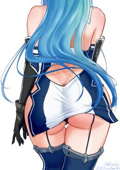 1girl absurdres ass azur_lane bare_shoulders black_garter_straps black_gloves black_panties blue_thighhighs dustar812 elbow_gloves from_behind garter_straps gloves helena_(azur_lane) highres long_hair panties pantyshot signature simple_background solo thighhighs underwear white_background