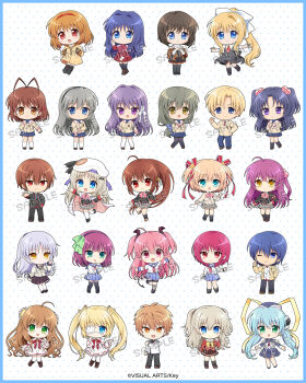3boys 6+girls :d air_(visual_novel) angel_beats! antenna_hair argyle_clothes argyle_socks arm_at_side bat_hair_ornament bell black_boots black_dress black_hairband black_jacket black_pants black_pantyhose black_shoes black_skirt black_socks black_thighhighs blonde_hair blue_border blue_eyes blue_hair blue_necktie blue_pants blue_sailor_collar blue_skirt blunt_ends boots border bow bowtie brown_boots brown_gloves brown_hair brown_shawl brown_shoes buttons capelet character_request charlotte_(anime) chibi chibi_only clannad closed_mouth coat commentary_request copyright_notice cross-laced_shoes dress eyepatch full_body furukawa_nagisa gloves green_hair green_ribbon grey_hair grey_skirt hair_bell hair_between_eyes hair_bobbles hair_bow hair_intakes hair_ornament hair_ribbon hairband hairclip hand_on_own_chest hand_on_own_hip hands_up hat headband highres hood hood_down hooded_coat jacket jingle_bell kanon key_(company) kneehighs leg_up little_busters! long_hair long_sleeves looking_at_viewer medical_eyepatch miniskirt multiple_boys multiple_girls necktie open_mouth outstretched_arm outstretched_arms pants pantyhose parallel_hairclips pink_bow pink_bowtie pink_eyes pink_hair plaid_clothes plaid_shawl plaid_skirt planetarian pleated_skirt pointing pointing_at_self pointing_with_thumb polka_dot polka_dot_background ponytail purple_eyes purple_hair purple_headband red_bow red_bowtie red_dress red_eyes red_hairband red_necktie red_ribbon rewrite ribbon ryuuka_sane sailor_collar sample_watermark school_uniform serafuku shawl shirt shoes short_dress short_hair short_sleeves single_hair_intake skirt smile sneakers socks spread_arms standing standing_on_one_leg sweater thighhighs turtleneck turtleneck_sweater two_side_up very_long_hair watermark white_background white_bow white_capelet white_hat white_sailor_collar white_shirt white_socks white_sweater white_thighhighs yellow_coat yellow_eyes yellow_jacket zettai_ryouiki