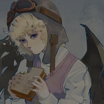 1other androgynous aviator_cap belt belt_buckle bird_wings black_wings blonde_hair brown-framed_eyewear brown_belt buckle chewing closed_mouth commentary commentary_request eating english_commentary fingernails food goggles goggles_on_headwear gold_buckle grey_background grey_helmet hat_belt hatsburg helmet highres holding holding_food len&#039;en long_sleeves looking_at_viewer messy_hair open_belt other_focus print_vest puffy_long_sleeves puffy_sleeves purple_eyes purple_vest realistic round_eyewear sandwich shirt short_hair simple_background sleeve_cuffs sleeves_past_wrists solo star_(symbol) star_print turtleneck turtleneck_shirt umatachi_tsugumi upper_body vest white_shirt wings