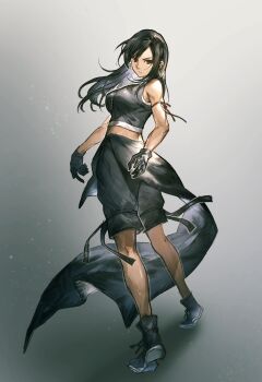 1girl apron arm_ribbon asina71 bare_shoulders black_apron black_gloves black_hair black_shorts black_vest breasts closed_mouth commentary_request crop_top final_fantasy final_fantasy_vii final_fantasy_vii_advent_children from_side full_body gloves gradient_background highres large_breasts long_hair looking_at_viewer looking_to_the_side midriff_peek red_eyes red_ribbon ribbon serious shorts solo standing tifa_lockhart vest waist_apron