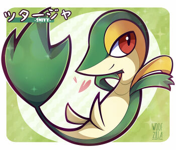border character_name commentary english_commentary full_body gen_5_pokemon heart looking_at_viewer nintendo no_humans outline pokemon pokemon_(creature) red_eyes signature smile snivy solo sparkle translation_request white_border white_outline woofzilla