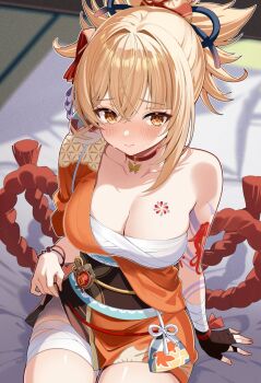 1girl arm_tattoo bandaged_arm bandaged_leg bandages blush breasts butterfly_choker chest_sarashi chest_tattoo choker closed_mouth collarbone commentary_request fish_tattoo futon genshin_impact hadanugi_dousa hair_up highres indoors japanese_clothes kimono large_breasts looking_at_viewer motsunuki on_bed open_kimono orange_eyes orange_hair orange_kimono red_choker rope sarashi shimenawa solo tattoo yoimiya_(genshin_impact)