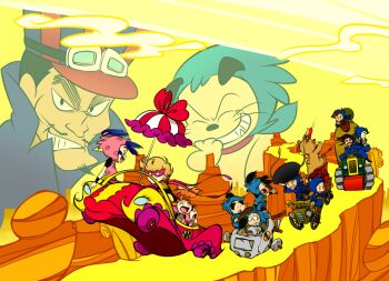 :p age_difference animification bad_id black_hair blonde_hair blue_hair bow brown_hair car caterpillar_tracks clenched_teeth cliff closed_eyes cloud club_(weapon) collar cosplay crossover dick_dastardly dick_dastardly_(cosplay) dog domino_mask driving earrings evil_grin evil_smile eye_mask facial_hair floating_hair fukutomi_shinbei gloves goatee goggles goggles_on_headwear grin hat hemuhemu holding hood inadera_rantarou japanese_clothes jewelry kinako_(moment) laughing mask military military_vehicle motor_vehicle multiple_boys multiple_girls mustache muttley muttley_(cosplay) ninja orange_hair outdoors parasol penelope_pitstop racing rakudai_ninja_rantarou scarf settsuno_kirimaru shige_(rakudai_ninja_rantarou) short_hair sky smile striped sunset tank tears teeth thick_eyebrows tomomi_(rakudai_ninja_rantarou) tongue tongue_out turret umbrella vertical_stripes wacky_races weapon yamada_denzou yuki_(rakudai_ninja_rantarou)