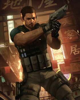1boy absurdres ammunition_pouch beard_stubble brown_hair bulletproof_vest chris_redfield city_lights clip_studio_paint_(medium) commentary dalejomej dark dirty facial_hair facing_to_the_side flashlight gloves gun headpiece highres holding holding_gun holding_weapon holster looking_ahead military_uniform muscular muscular_male neon_lights outdoors pants partially_shaded_face pouch realistic resident_evil resident_evil_6 s.t.a.r.s._uniform scowl shirt sign signature solo solo_focus stubble t-shirt thigh_strap too_many_signs weapon