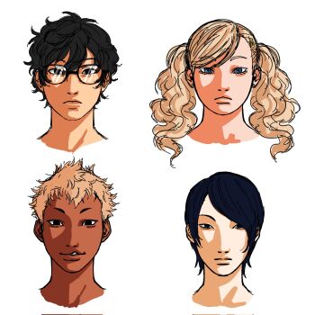1girl 3boys alternate_skin_color amamiya_ren black-framed_eyewear black_hair blonde_hair blue_eyes dark-skinned_male dark_skin darkened_skin earrings expressionless frown glasses head_only highres hijinkiewinkies jewelry kitagawa_yuusuke looking_at_viewer multiple_boys parted_lips persona persona_5 sakamoto_ryuuji short_hair stud_earrings takamaki_anne twintails