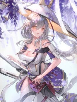 1girl armor blush bodysuit breasts cleavage clothing_cutout fighting_stance goddess_of_victory:_nikke grey_hair hat highres japanese_armor jingasa kanade_kana large_breasts large_hat leotard long_hair parted_lips ready_to_draw sample_watermark scarlet_(nikke) shoulder_armor sode solo sword third-party_source twitter_username watermark weapon white_bodysuit white_leotard yellow_eyes