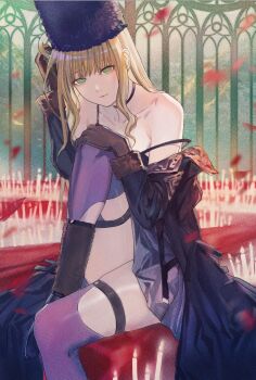 1girl bad_id bad_pixiv_id bare_shoulders black_coat black_gloves black_hat blonde_hair closed_mouth coat code_vein collarbone female_focus fur-trimmed_sleeves fur_hat fur_trim gloves green_eyes hand_on_own_knee hat highres long_hair long_sleeves looking_at_viewer mia_karnstein open_clothes open_coat papakha piza_rokumai purple_thighhighs skindentation solo strap_slip thighhighs