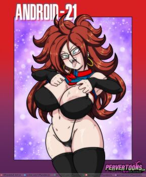 1girl absurdres android_21 areola_slip blue_eyes blush breasts brown_hair cleavage clothes_lift curvy detached_sleeves dragon_ball earrings female_focus glasses highres hoop_earrings huge_breasts jewelry long_hair navel riffsandskulls shirt_lift solo steam thick_thighs thighhighs thighs tongue tongue_out wide_hips