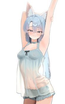 1girl :3 absurdres animal_ears arm_behind_head armpits arms_up bare_arms bare_shoulders blue_choker blue_eyes blue_hair blue_shirt blue_shorts breasts choker closed_mouth commission covered_erect_nipples cowboy_shot fox_ears highres jay_(arca_live) long_hair looking_at_viewer original parted_bangs ribbon_choker see-through_clothes see-through_shirt see-through_silhouette shirt short_shorts shorts simple_background sleeveless sleeveless_shirt small_breasts smile solo stretching white_background