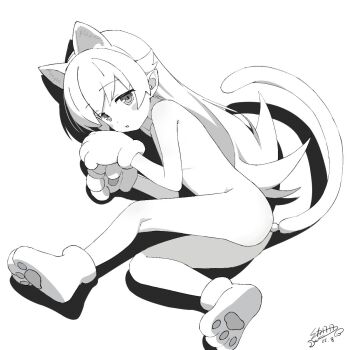 1girl anal_beads anal_tail animal_ear_hairband animal_ears animal_hands blush_stickers butt_plug cat_ear_hairband cat_ears cat_tail fake_animal_ears fake_tail flat_chest flipped_hair full_body gloves greyscale hair_flaps hairband highres loli long_hair looking_at_viewer lying monochrome monogatari_(series) nude on_side oshino_shinobu paw_gloves paw_shoes pointy_ears signature smile solo tail very_long_hair youyueyue