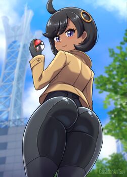 1girl ahoge ass ass_focus black_bodysuit black_hair blue_sky blurry blurry_background bodysuit brown_jacket canadiananiguy closed_mouth cloud day emma_(pokemon) from_behind hair_ornament highres holding holding_poke_ball huge_ass jacket looking_at_viewer looking_back nintendo outdoors poke_ball poke_ball_(basic) pokemon pokemon_legends:_z-a purple_eyes shiny_clothes short_hair skin_tight sky smile solo wide_hips