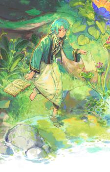 1boy aged_down akademiya_uniform blue_flower blue_hair blush book branch closed_mouth commentary day dottore_(genshin_impact) english_commentary flower genshin_impact gold_trim grass green_jacket hair_between_eyes highres holding holding_paper jacket leg_up long_sleeves looking_at_viewer male_focus moss open_book open_clothes open_jacket orange_flower outdoors paper parted_bangs plant red_eyes reneelric robe rock short_hair solo standing standing_on_one_leg water white_robe wringing_clothes