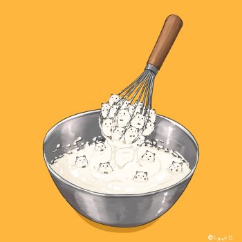 animal animal_focus batter bowl commentary_request hamster mixing_bowl original simple_background upiupisyo whisk yellow_background
