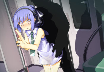 1boy 1girl bad_id bad_twitter_id bare_arms bare_shoulders blindfold blush chikan cowboy_shot cum cum_overflow dress drooling dutch_angle flat_chest from_behind grabbing_from_behind green_necktie hair_ornament hair_ribbon hassai hetero legs_together loli long_hair microdress molestation necktie original ponytail purple_hair rape ribbon sex sex_from_behind standing tearing_up tears train_interior