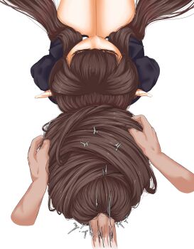 Rule 34 | 1girl, bebekp, brown hair, fate/apocrypha, fate (series), from above, grabbing another's hair, hair bun, hair flowing over, hair focus, hairjob, hand in another's hair, highres, holding another's hair, jacket, long hair, penis, semiramis (fate), simple background, single hair bun, sitting, suit jacket, veins, veiny penis, very long hair, white background