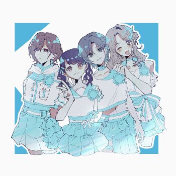 4girls ahoge all_ne66 aqua_eyes aqua_hair asakura_toru black_hair blue_background blue_ribbon blue_sailor_collar brown_eyes brown_hair clear_marine_calm_(idolmaster) commentary_request fang fukumaru_koito gradient_hair grey_hair hair_bun hair_ornament hairclip highres higuchi_madoka ichikawa_hinana idolmaster idolmaster_shiny_colors long_hair looking_at_viewer miniskirt mole mole_under_eye multicolored_hair multiple_girls noctchill_(idolmaster) one_eye_closed open_mouth parted_bangs purple_eyes ribbon sailor_collar short_hair short_sleeves single_side_bun skin_fang skirt swept_bangs two-tone_background v white_background