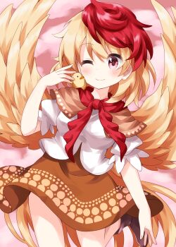 1girl ;) animal animal_on_shoulder baby_animal bird bird_wings blonde_hair boots breasts brown_boots brown_capelet brown_skirt capelet chick closed_mouth cloud commentary_request cowboy_shot feathered_wings highres leg_up medium_breasts multicolored_hair neckerchief niwatari_kutaka one-hour_drawing_challenge one_eye_closed pink_background pink_eyes puffy_short_sleeves puffy_sleeves red_hair red_neckerchief ruu_(tksymkw) shirt short_hair short_sleeves simple_background skirt smile solo standing standing_on_one_leg touhou two-tone_hair white_shirt wings