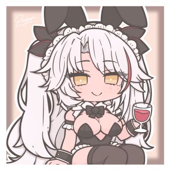 1girl animal_ear_hairband animal_ears armband artist_name azur_lane black_leotard black_thighhighs blurry blurry_background blush border breasts character_name chibi chibi_only cleavage closed_mouth commentary cross cup drinking_glass fake_animal_ears frilled_armband frilled_hairband frilled_leotard frills futaba_(anti_clockwise) glass hair_between_eyes hairband highres holding holding_cup iron_cross large_breasts leotard long_hair looking_at_viewer multicolored_hair nejikirio_(style) official_alternate_costume playboy_bunny prinz_eugen_(azur_lane) prinz_eugen_(between_tipsiness_and_a_wager)_(azur_lane) rabbit_ear_hairband rabbit_ears red_hair red_streaks sitting smile solo streaked_hair symbol-only_commentary thighhighs thighs two_side_up undersized_breast_cup very_long_hair white_border white_hair white_wrist_cuffs wine_glass wrist_cuffs yellow_eyes