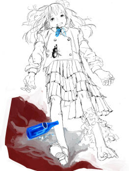 Rule 34 | 1girl, blue butterfly, bottle, bug, butterfly, buttons, collared shirt, commentary, commentary request, double-breasted, e eel, english commentary, full body, grin, hair spread out, head tilt, highres, insect, insect on chest, jacket, layered skirt, long hair, long sleeves, looking at viewer, lying, mixed-language commentary, on back, original, partially colored, pleated skirt, rhinoceros beetle, school uniform, shirt, shoes, simple background, single bare foot, single shoe, skirt, smile, solo, unbuttoned sleeves, white background