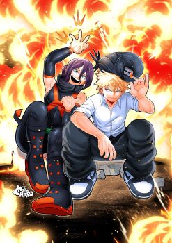 1boy 1girl bakugou_katsuki black_bodysuit black_boots black_pants blonde_hair bodysuit boku_no_hero_academia boots chainsaw_man crossover detached_sleeves explosion explosion_background green_eyes hair_between_eyes helmet highres looking_at_viewer nike_(company) pants purple_hair reze_(chainsaw_man) shirt sitting sonchapo spiked_hair white_shirt