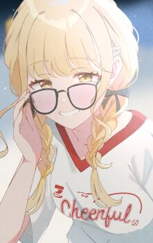 1girl absurdres adjusting_eyewear black-framed_eyewear black_ribbon blonde_hair blurry blurry_background blush braid braided_twintails collarbone commentary_request fujita_kotone gakuen_idolmaster glasses grin hair_ornament hair_ribbon hairclip hand_up highres idolmaster iroha_822 long_hair looking_at_viewer low_twintails open_mouth ribbon shirt sidelocks smile solo swept_bangs t-shirt twin_braids twintails upper_body white_shirt yellow_eyes