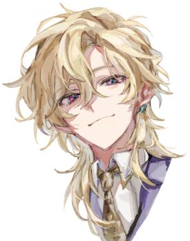 1boy aqua_eyes aventurine_(honkai:_star_rail) blonde_hair closed_mouth collared_shirt commentary cropped_shoulders earrings hair_between_eyes highres honkai:_star_rail honkai_(series) jewelry looking_at_viewer male_focus medium_hair multicolored_eyes necktie pink_eyes portrait purple_eyes shirt simple_background single_earring smile solo symbol-only_commentary tyoookozuki white_background white_shirt yellow_necktie