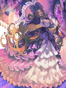 1girl absurdres black_corset bonnet bow breasts brown_hair cleavage corset dress fangs full_body highres hydwamacroph la_manchaland_(identity)_(project_moon) large_breasts limbus_company long_hair long_sleeves looking_at_viewer open_mouth parted_bangs project_moon purple_background purple_bonnet purple_bow purple_dress purple_nails purple_umbrella red_eyes rodion_(project_moon) simple_background solo standing umbrella very_long_hair