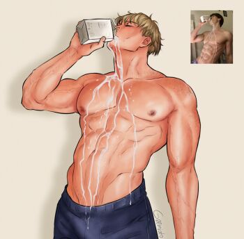 1boy abs absurdres artist_name bara blonde_hair closed_eyes collarbone cowboy_shot drink_carton g00miato grey_background highres jujutsu_kaisen large_pectorals male_focus milk_carton muscular muscular_male nanami_kento navel nipples pants pectorals photo-referenced reference_inset short_hair solo topless_male v-taper veins