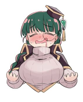 1girl black_jacket blush braid breasts closed_eyes coat facing_viewer green_hair hat hat_tassel heart_ornament jacket large_breasts long_hair long_sleeves mahou_shoujo_ni_akogarete monocle monocle_chain mortarboard open_mouth pantano_pesca ponponpain65536 saliva simple_background single_braid smile solo sweat sweater swept_bangs turtleneck turtleneck_sweater upper_body white_background white_sweater