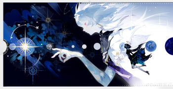 1girl absurdres breasts chinese_commentary commentary_request dress earrings from_side grey_hair halo hand_up highres id_card jacket jewelry long_hair looking_ahead mornye_(wuthering_waves) multiple_views purple_dress red_eyes small_breasts triangle_earrings white_jacket wuthering_waves zhi_xu_li_ming