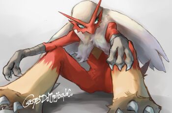 arm_on_knee arm_rest beak blaziken blue_eyes claws feathers gen_3_pokemon highres knees_up looking_to_the_side multicolored_feathers nintendo no_humans on_floor pokemon pokemon_(creature) pokemon_focus red_feathers sitting solo sq_5be white_feathers yellow_feathers