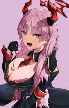 1girl armband black_gloves black_jacket blue_archive bra bra_peek breasts cleavage coin coin_on_string commentary_request detached_collar gloves half_gloves halo highres holding holding_pendulum holed_coin horns jacket large_breasts long_hair looking_at_viewer necktie open_mouth parted_bangs pendulum pink_eyes pink_hair red_armband red_bra red_halo red_horns red_necktie satsuki_(blue_archive) underwear user_rvfr8554 wrist_cuffs