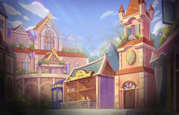 analog_clock arched_window architecture artist_request awning baguette bakery balcony blue_flower blue_sky bread cafe clock clock_tower cloud counter day door double_doors english_text european_architecture flower food hanging_sign highres hotel inn light_rays loaf_of_bread muntins nexon official_art open_window orange_flower outdoors palm_tree pillar pink_flower purple_flower rooftop scenery second-party_source shop sky steeple sunbeam sunlight tales_weaver tower town tree window wisteria yellow_flower