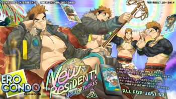 1boy absurdres arms_up bara bardo_(ero_condo) bare_pectorals cock_ring collage crotchless crotchless_pants elbow_rest english_text ero_condo highres holding holding_staff jacket kienbiu kuji-in large_pectorals looking_at_viewer lying magic male_breasts male_focus muscular muscular_male nipples no_shirt on_back open_clothes open_jacket paid_reward_available pants pectorals penis penis_peek profile promotional_art rainbow_gradient seductive_smile sex_toy short_hair shrug_(clothing) sideburns smile smug staff