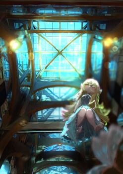 Rule 34 | 1girl, :o, arms at sides, bare arms, bare legs, barefoot, blonde hair, blue dress, blurry, blurry foreground, blush stickers, bokeh, breasts, ceiling, day, depth of field, dress, flipped hair, from below, full body, hair between eyes, hair flaps, hair over one eye, hair over shoulder, highres, indoors, knees together feet apart, long hair, monogatari (series), oshino shinobu, shinobusc2, sidelocks, sitting, skylight, sleeveless, sleeveless dress, small breasts, solo, very long hair, yellow eyes